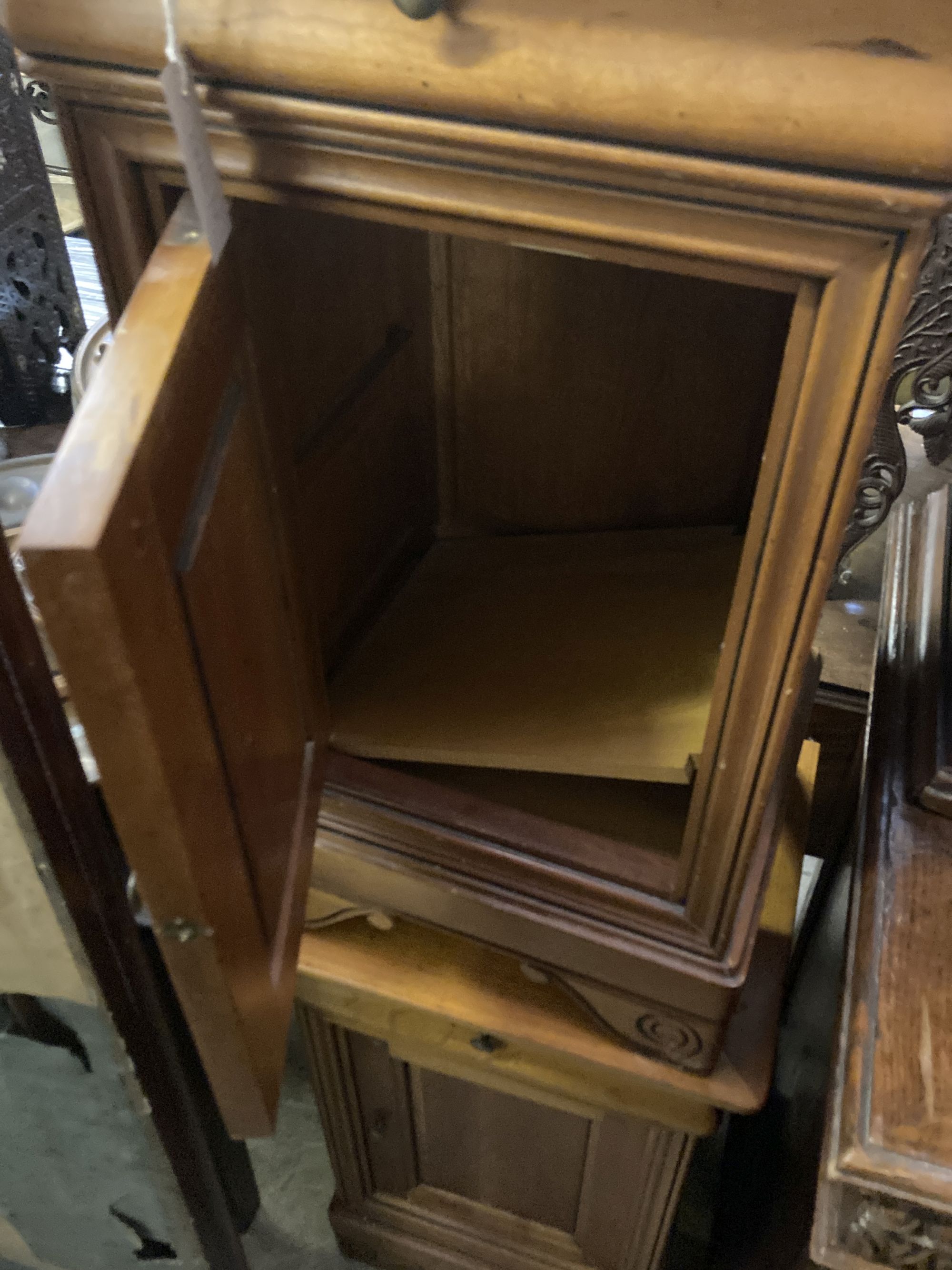 A pair of French style cherry bedside cabinets, width 40cm, depth 35cm, height 72cm